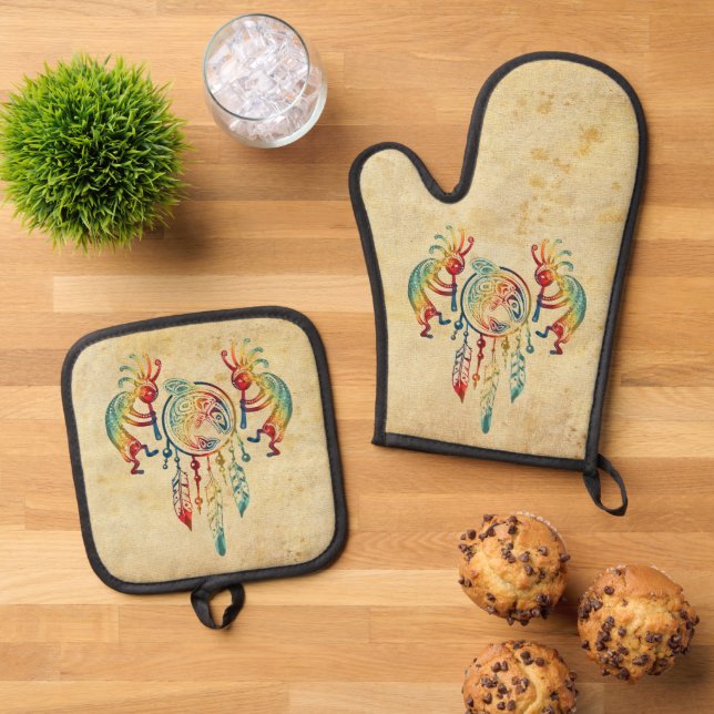 Native American Kokopelli Whale Dreamcatcher 1 Oven Mitt & Pot Holder Set (Top Down)