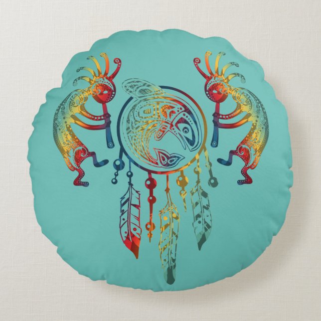 Native American Kokopelli Whale Dreamcatcher 1 Round Cushion (Front)