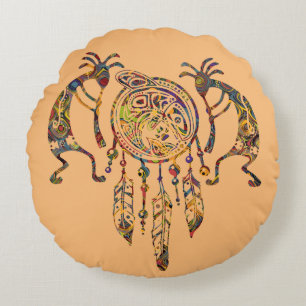 Native American Kokopelli Whale Dreamcatcher 2 Round Cushion