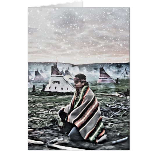 Native American man meditating under first snow Card