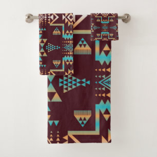 Native American Maroon And Turquoise Bath Towel Set