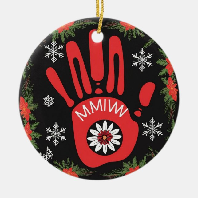 Native American MMIW Red and Black Powwow Ceramic Tree Decoration (Front)