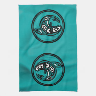 Native American Orca Whale, turquoise Tea Towel