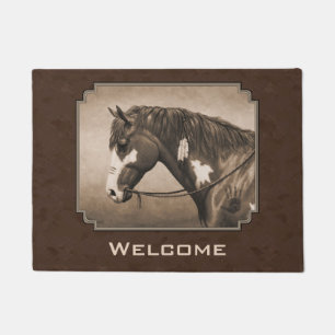 Native American Pinto War Horse in Sepia Doormat