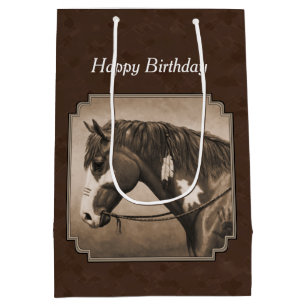 Native American Pinto War Horse in Sepia Medium Gift Bag