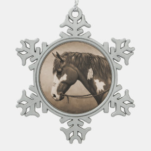 Native American Pinto War Horse in Sepia Snowflake Pewter Christmas Ornament