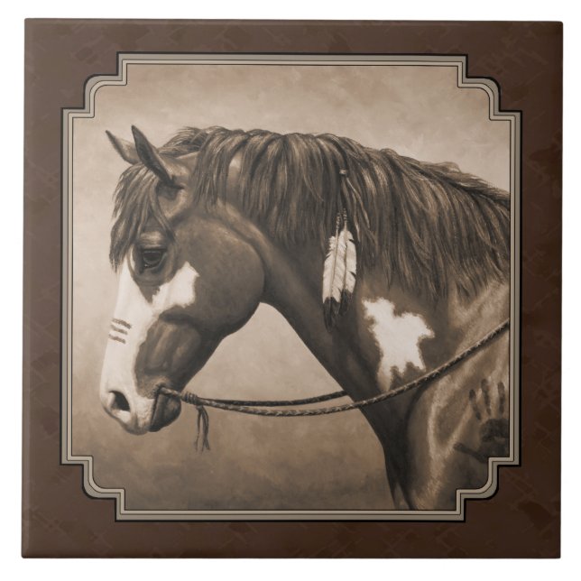 Native American Pinto War Horse in Sepia Tile (Front)