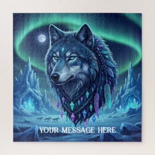 Native American portrait of a wolf artic lights Jigsaw Puzzle