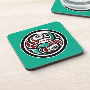 Native American Red Black Graphic Otter Salmon Coaster