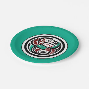 Native American Red Black Graphic Otter Salmon Paper Plate