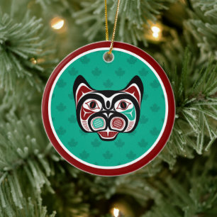 Native American Red Black Green Haida Art Kitty Ceramic Tree Decoration