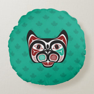 Native American Red Black Green Haida Art Kitty Round Cushion