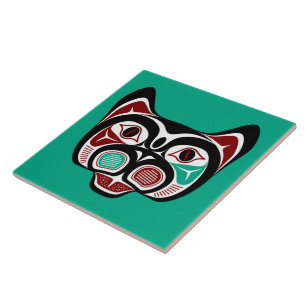 Native American Red Black Green White Art Kitty Tile