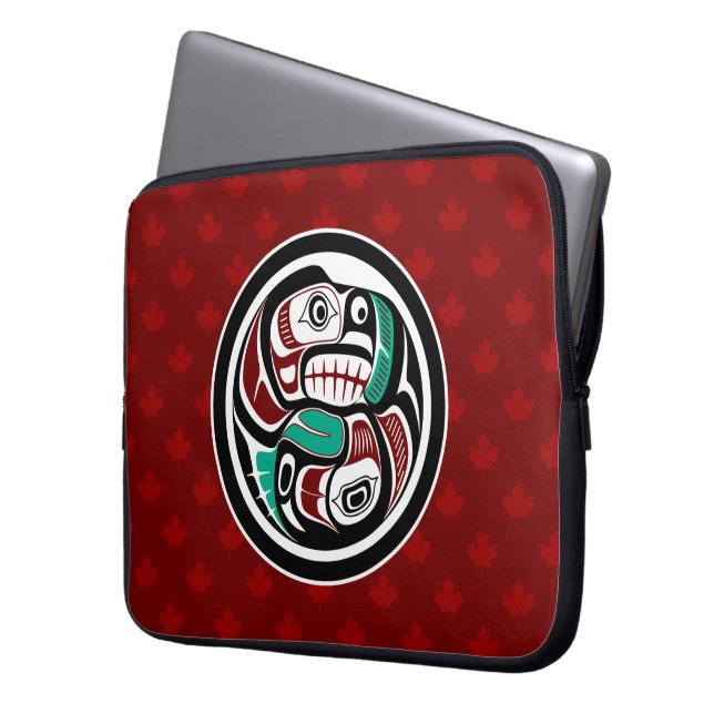 Native American Red Black Haida Art Otter Salmon Laptop Sleeve (Front Left)