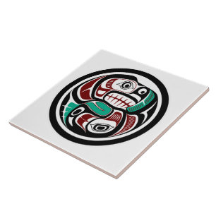 Native American Red Black Haida Art Otter Salmon Tile