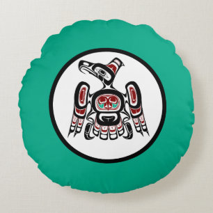 Native American Red Black Kaigani Thunderbird Round Cushion