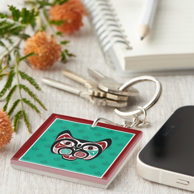 Native American Red Black Vector Art Haida Kitty Key Ring (Front Right)