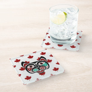 Native American Red Black White Haida Art Kitty Glass Coaster
