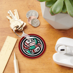 Native American Red Black White Haida Otter Salmon Key Ring