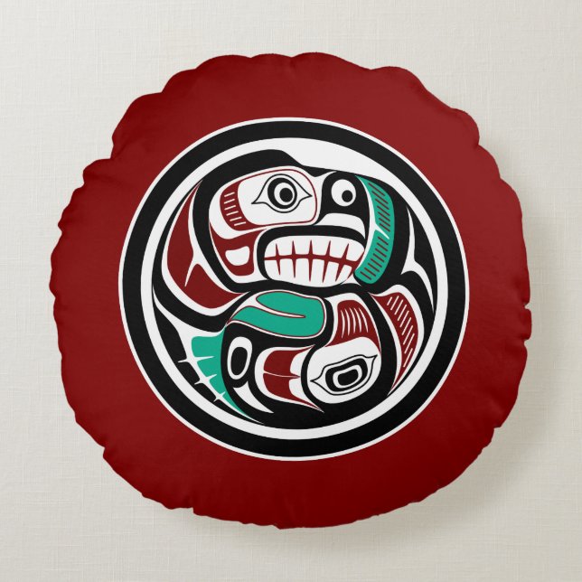 Native American Red Black White Haida Otter Salmon Round Cushion (Front)