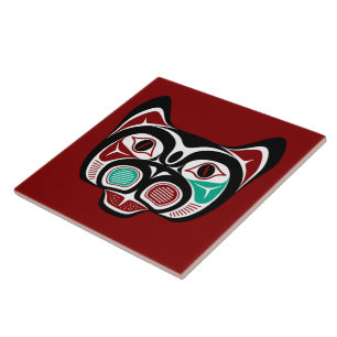 Native American Red White Black Haida Art Kitty Tile