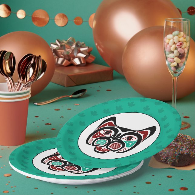 Native American Red White Black Haida Kitty Paper Plate (Multi)