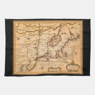 Native American Settlements 1600s New England Map  Tea Towel