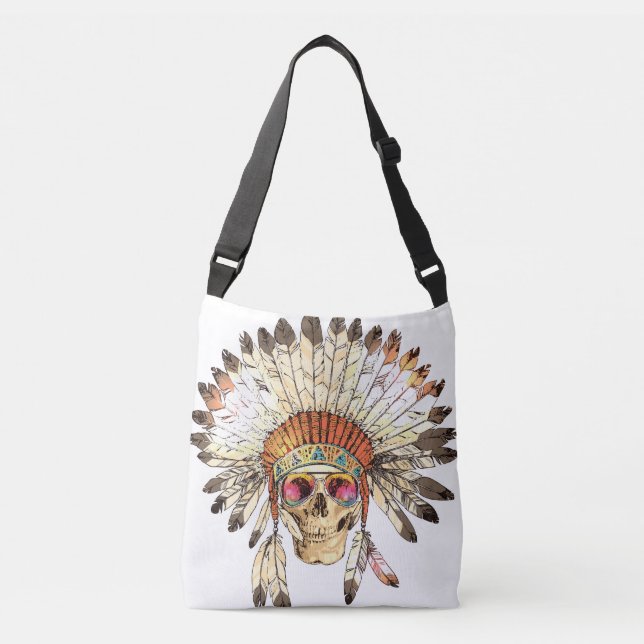 Native American Skull Fashion Illustration Crossbody Bag (Front)