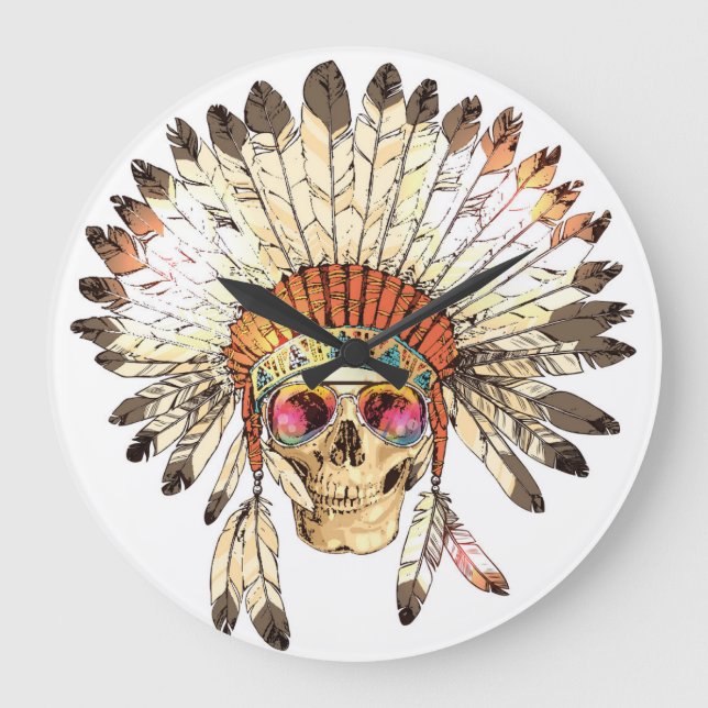 Native American Skull Fashion Illustration Large Clock (Front)