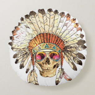 Native American Skull Fashion Illustration Round Cushion