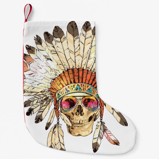 Native American Skull Fashion Illustration Small Christmas Stocking (Front)