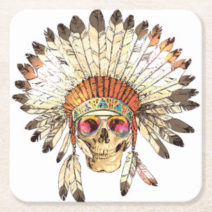 Native American Skull Fashion Illustration Square Paper Coaster
