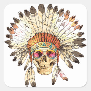 Native American Skull Fashion Illustration Square Sticker