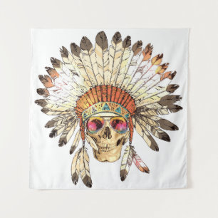 Native American Skull Fashion Illustration Tapestry