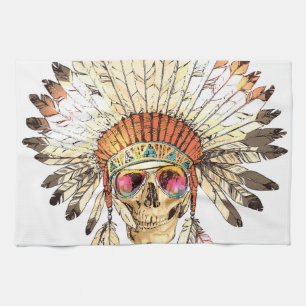 Native American Skull Fashion Illustration Tea Towel