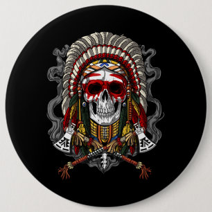 Native American Skull Indian Chief Headdress 6 Cm Round Badge
