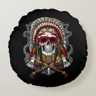 Native American Skull Indian Chief Headdress Round Cushion