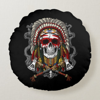 Native American Skull Indian Chief Headdress Round Cushion