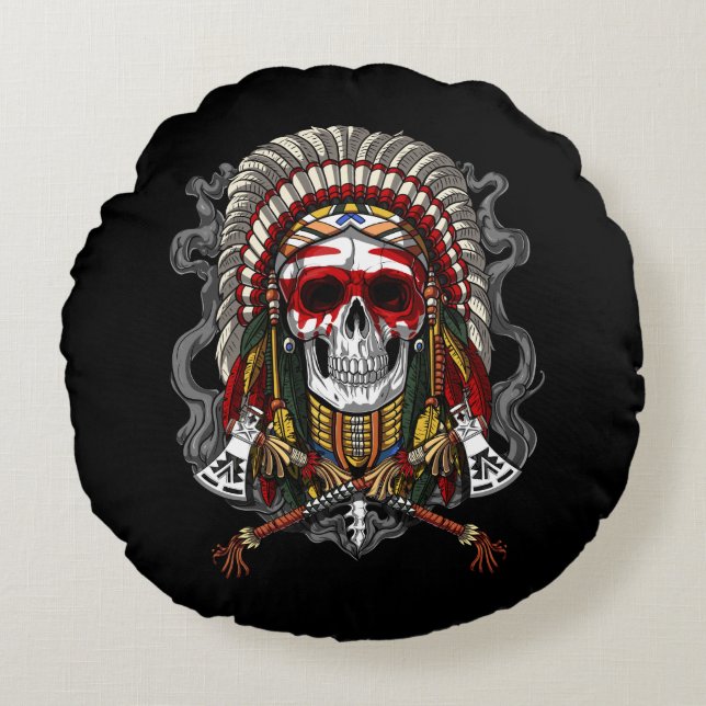 Native American Skull Indian Chief Headdress Round Cushion (Front)