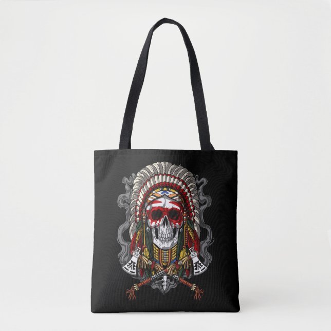 Native American Skull Indian Chief Headdress Tote Bag (Front)
