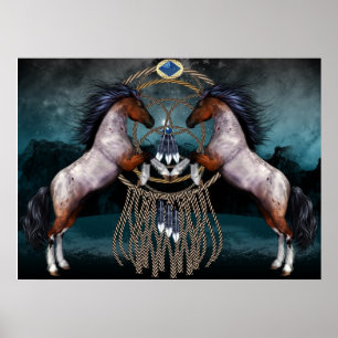 Native American Style Ponies With Dream Catcher Poster