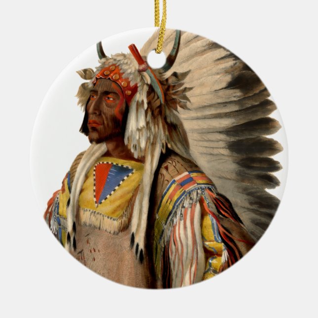Native American Tribal Indian Chief Head Dress Ceramic Tree Decoration (Front)