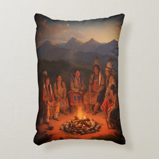Native American Tribe Sitting Around a Fire on Decorative Cushion (Front(Vertical))