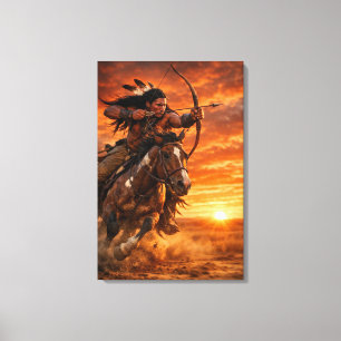 Native American Warrior on Galloping Horse Sunset Canvas Print