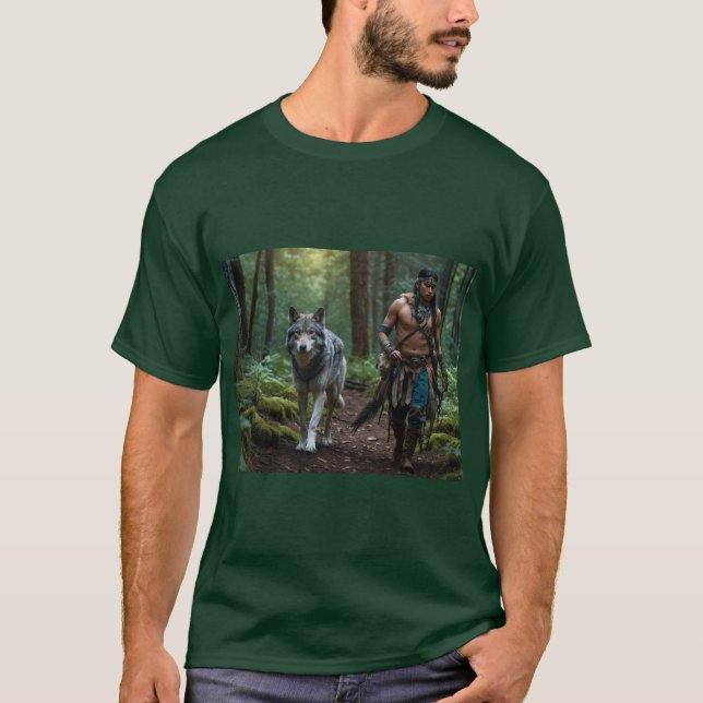 Native American Warrior & Wolf Wildlife Design T-Shirt (Front)
