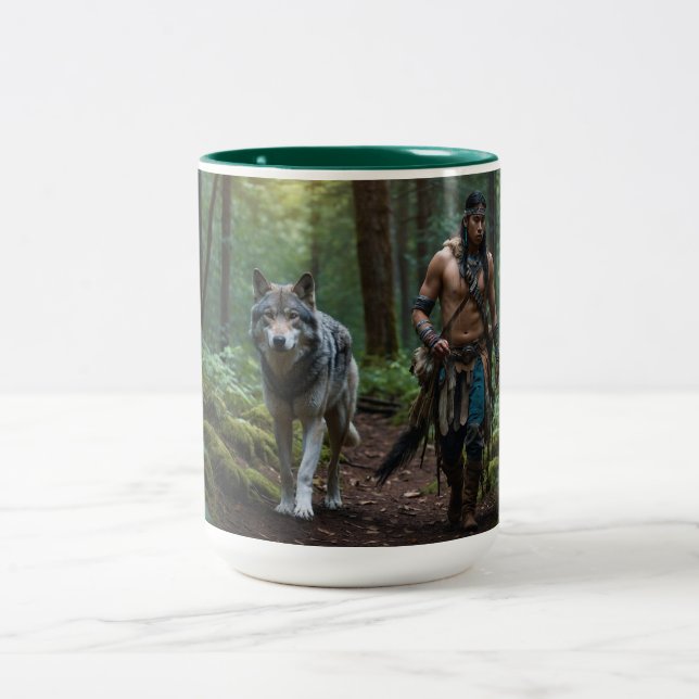 Native American Warrior & Wolf Wildlife Design Two-Tone Coffee Mug (Center)