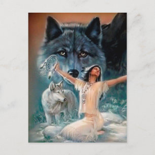 Native American, Wolf and Dreamcatcher Postcard