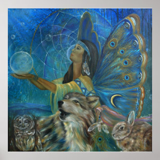 Native american wolf owl rabbit painting poster