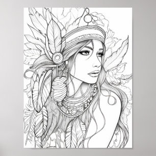 Native American Woman Adult Colouring Poster