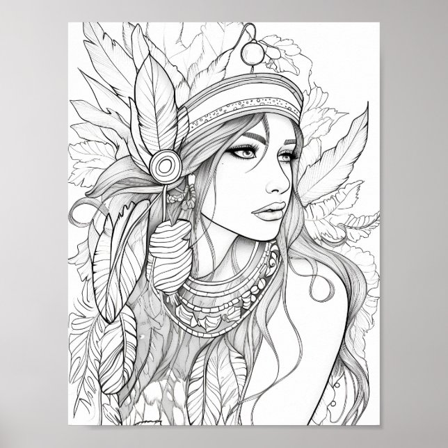 Native American Woman Adult Colouring Poster (Front)